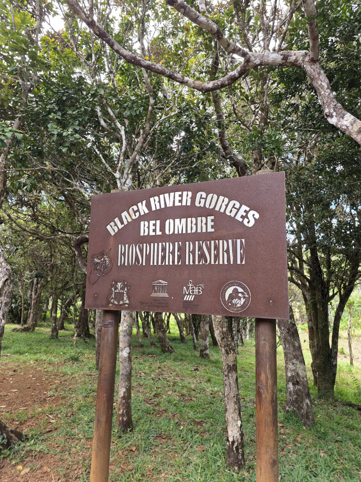 Ingreso a Black River Gorges, entre el verde del interior mauriciano.]