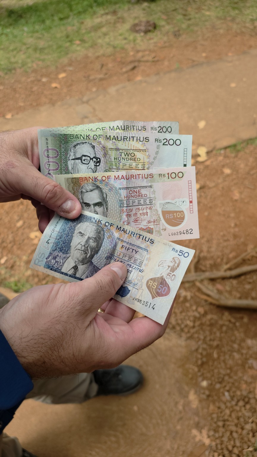 La rupia mauriciana: en el billete de MUR 100 se leen, además del inglés, escrituras devanagari, tamil y gujarati.]